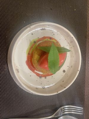 Warm pistachio cake with raspberry sorbett  at The Three Horseshoes in Fordham