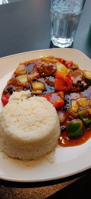 Vegan beef in black bean saucr at Rumours Kopitiam in Glasgow