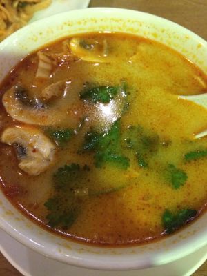 vegan tom yum soup (?) delicious, flavorful broth at Rumours Kopitiam in Glasgow