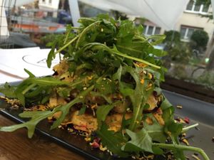 Excellent waffle with potato topping (all savoury, not a dessert), freshly made, super tasty. at Moehren Milieu Eco Cafe in Mainz