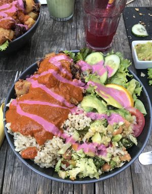 Buddha bowl with whole grain rice, kidney beans and a generous portion of vegetables and avocado  at Moehren Milieu Eco Cafe in Mainz
