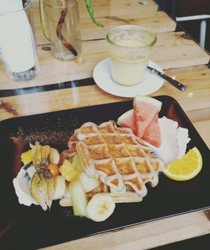 waffle breakfast and turmeric latte - both delicious! at Moehren Milieu Eco Cafe in Mainz