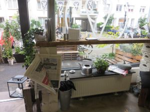 upcycled interior design  at Moehren Milieu Eco Cafe in Mainz