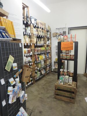 small shop inside the café with plenty of vegan food (even raw foods and superfoods) and a few plastic-free items like bottles  at Moehren Milieu Eco Cafe in Mainz