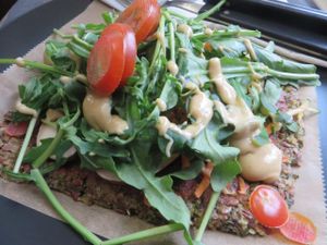 courgette (zucchini) pizza with almond butter (raw) at Moehren Milieu Eco Cafe in Mainz