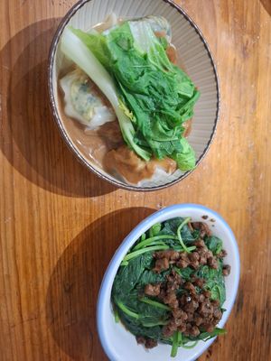 Wontons in sesame sauce and stir fried greens total TW140 only at Ho Jia Steamed Tofu in Taipei City