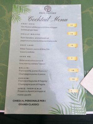 cocktail menu at Food Factory Crema in Crema