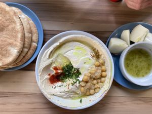 Hummus with whole chickpeas  at Abu Hassan - Jaffa in Tel Aviv