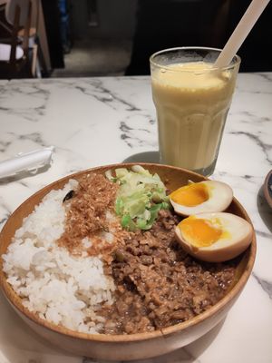 Taiwanese "Pork" with smoked eggs and mango milkshake at OVOCafe - Wan Chai Rd in Hong Kong Island