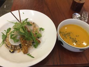 Nice set lunch: Pumpkin soup and mixed mushroom risotto (with pickled radish and veggie chicken skewers) at OVOCafe - Wan Chai Rd in Hong Kong Island