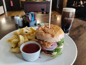 Vegan burger with chips at The Rod & Reel in Stirling