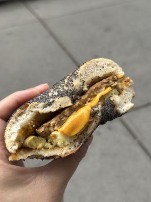 Vegan sausage egg and cheese on poppy bagel  at Utopia Bagels in New York