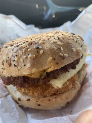 JustEgg everything bagel sandwich with beyond meat sausage patty and vegan cheese. Big sandwich and tasty   at Earth Burger - NW Loop in San Antonio