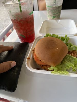 Spicy chicken sandwich vegan at Earth Burger - NW Loop in San Antonio