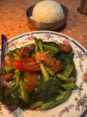 Plant based Chinese broccoli with rice   at Vela Restaurant in West End
