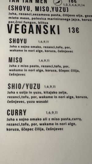 vegan part of the menu  at Ramen by Maru in Ljubljana