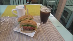 veggie burger and iced coffee at Jack and the Beanstalk in Busan