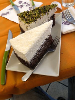 Coconut and pistachio cake at Alhambra Cafe in Milan