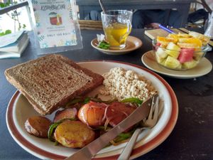 Breakfast combo with scrambled tofu at Umbrella Cafe in Pokhara