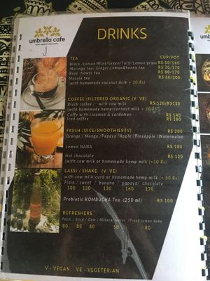 Menu-drinks  at Umbrella Cafe in Pokhara