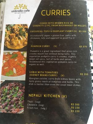 Menu-curries at Umbrella Cafe in Pokhara