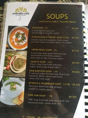 Menu-soups at Umbrella Cafe in Pokhara