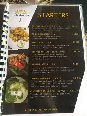 Menu- starters at Umbrella Cafe in Pokhara