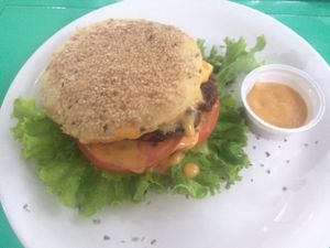 Carrotburger in gluten free (delicious) buns, with salad, tomato and vegan cheese. at Faz Bem - Asa Norte in Brasilia