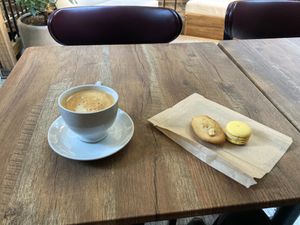 Praline latte, macaron, and Madeline at Délice de Bernay in New York City
