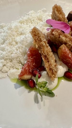 Fruit and fig leaf, cashew-coconut ganache, Breton coconut shortbread, leche de tigre granita  at Trèfle in Lyon