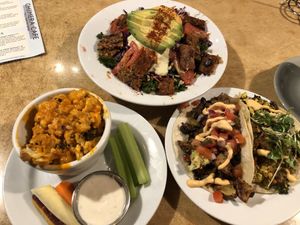 From the top, Lilly salad, tacos and Buffalo cauliflower! at Chimera Cafe in Tulsa