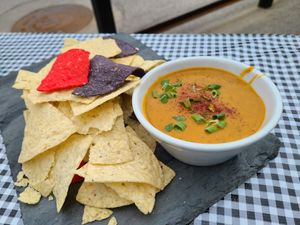 Butternut queso dip and tortilla chips at Chimera Cafe in Tulsa