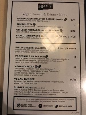 Vegan menu  at Bravo in Jackson