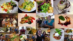 The Mississippi Vegetarians and Vegans group meets monthly at Bravo! The mosaic shows various food courses from different meals plus group members.  at Bravo in Jackson