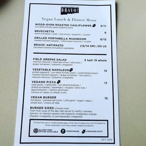 Vegan menu at Bravo in Jackson