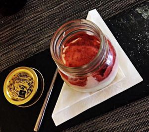 soy yogurt mousse with fresh strawberries sauce  at Gastronomia Le Quattro Stagioni in Adria