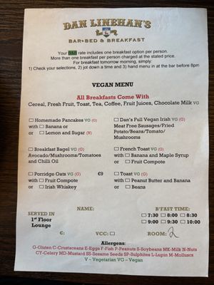 Vegan menu  at Dan Linehan’s Bed and Breakfast  in County Kerry