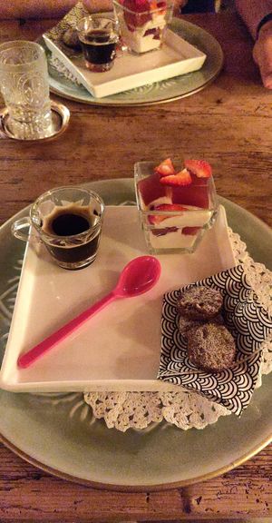 Dessert: Chocolate Oat Cookies, spiced grain coffee, red wine jelly with vanilla cream at Biohotel Kurz in Berchtesgaden