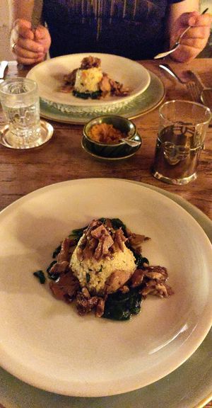 Millet with spinach and hand picked mushrooms at Biohotel Kurz in Berchtesgaden