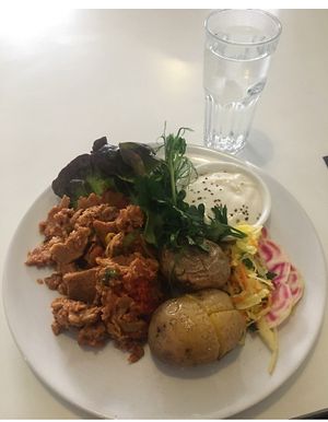 Seitan stew, potatoes and greens for lunch. at OmNam in Helsinki