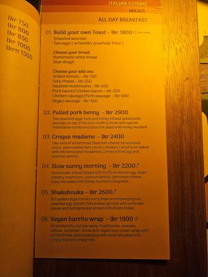 Menu at La Luna Hiri in Southern Province