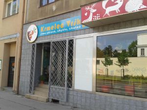 Outside the restaurant at Krmelec Vrsky in Prague