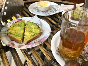 Avocado Toast + Ginger Lemon Honey Tea at Pumpernicle German Bakery in Rishikesh