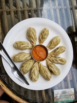 Veg mushroom momos. Honestly they were better when we ate them later in the day when we got home. at Pumpernicle German Bakery in Rishikesh