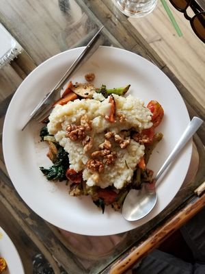 The vegan Benedict. It's more like a shepard's pie, but SO GOOD! It has lots of veggies and tofu under the mashed potatoes. at Pumpernicle German Bakery in Rishikesh