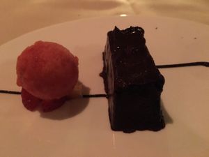 Chocolate mousse with strawberry sorbet- vegan third course at Cedar Restaurant in Washington