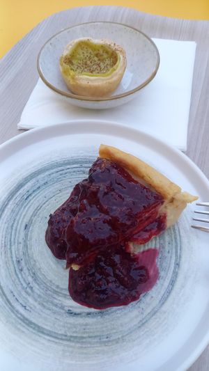 Cheesecake and Portuguese custard tart at Sprout in Exeter