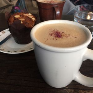 rose latte and muffin at bloomer's in Toronto