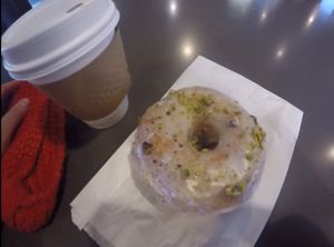 Cafe latte and pistachio rose donut, together for C$7.90,-
 at bloomer's in Toronto
