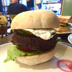 Black bean mushroom seitan burger at bloomer's in Toronto